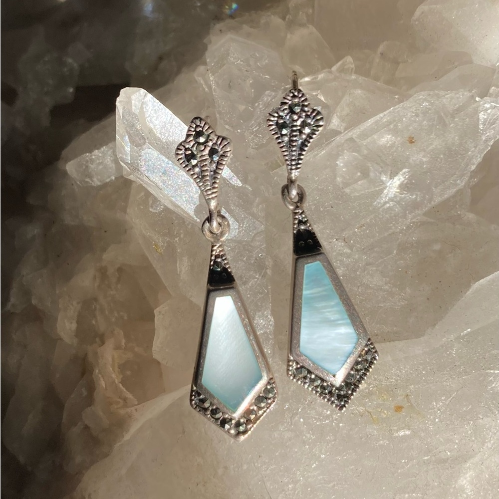 925 Sterling Silver, Marcasite & Mother of Pearl Earrings